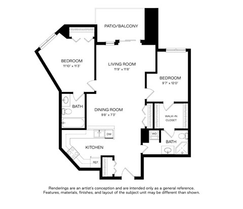 Floor plan for 2 beds, 2 baths, 872 sqft